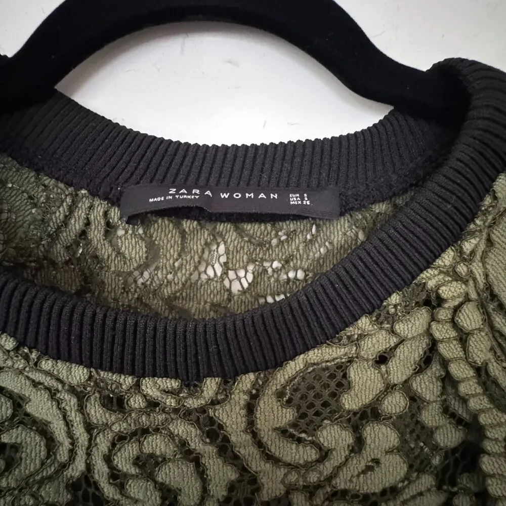 Zara Lace Tunic Top Green Sheer Long Sleeve Small Boho Chic Blouse_4